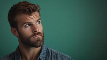 Young man with a beard looking upwards against a teal background in a calm indoor setting photo