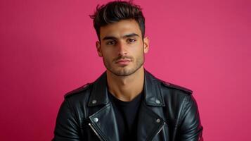Young man poses against a vibrant pink backdrop, wearing a black leather jacket, showcasing a confident expression in a fashion shoot photo