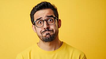 Man with glasses making a confused expression against a bright yellow background photo
