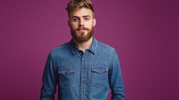 Young man in denim shirt posing against a purple background in a studio setting photo