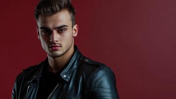 Young man in a leather jacket poses confidently against a red backdrop during a studio photoshoot photo