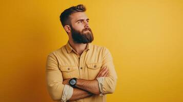 Young man with a beard crossing his arms, standing against a vibrant yellow background in a casual setting photo