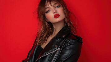 Young woman with red lips and leather jacket poses against a vibrant red background in a fashion-forward setting photo