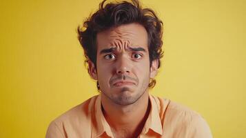 Young man with a confused expression against a bright yellow background photo