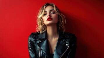 Portrait of a woman with red lips in a black leather jacket against a vibrant red background photo