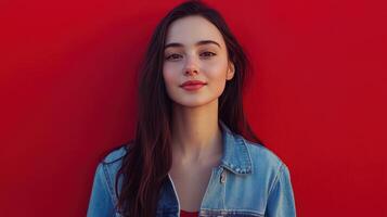 Young woman poses confidently against a vibrant red wall wearing a denim jacket in a bright urban setting photo