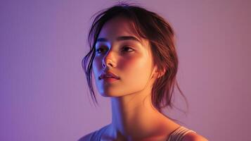 Young woman with natural makeup facing sideways in soft purple lighting, highlighting her features and expression, during a studio portrait session photo