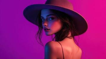 Young woman wearing a wide-brimmed hat poses against a vibrant purple and pink backdrop during a creative portrait session photo
