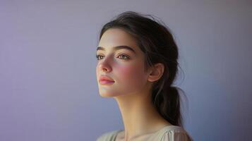Young woman with long hair gazes thoughtfully against a soft gradient background in natural light photo