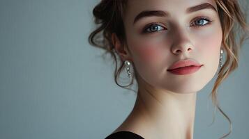 Young woman with soft makeup and elegant earrings poses against a light background in a fashion-focused portrait photo