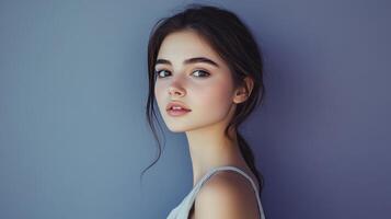 Young woman with long hair poses gracefully against a soft gray background in a natural lighting setting photo