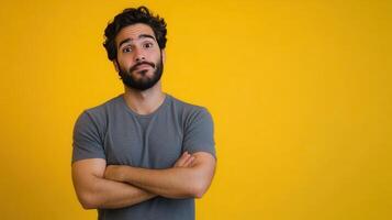 A man with a beard poses confidently with crossed arms against a bright yellow background in a casual setting photo