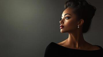A woman poses elegantly against a dark backdrop, showcasing stunning makeup and a sophisticated hairstyle during a fashion-themed photoshoot photo