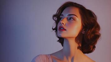 Young woman with short curly hair poses elegantly against a softly lit backdrop during a portrait session photo