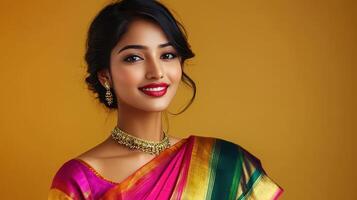 A woman smiles elegantly in a colorful traditional saree against a bright yellow backdrop during a cultural celebration photo