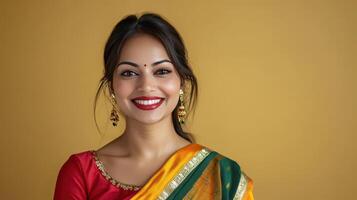 A woman in traditional attire smiles warmly against a yellow background during a festive celebration photo