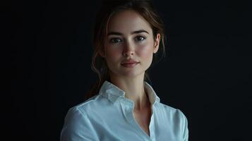 Portrait of a young woman in a white shirt against a dark background, conveying a sense of calmness and confidence photo