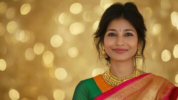 A woman in traditional attire smiles warmly, standing against a shimmering golden backdrop during a festive celebration photo