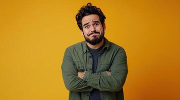 Man with a beard and uncertain expression standing in front of a bright yellow backdrop during daylight photo