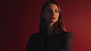 A confident woman in a tailored suit standing against a dark red backdrop during an indoor photoshoot photo