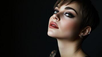Portrait of a woman with short hair showcasing elegant makeup against a dark background in a dimly lit setting photo