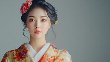 Woman wearing a colorful kimono with floral accents, posed elegantly against a neutral background in a serene indoor setting photo