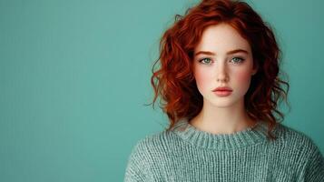 Young woman with curly red hair posed against a light teal background during a portrait session photo