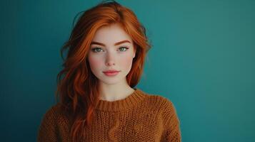 Young woman with striking red hair and green eyes poses against a teal background in a cozy sweater, creating a warm atmosphere photo