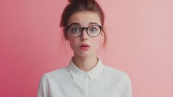 A surprised young woman with glasses reacts against a pink background while wearing a white collared shirt photo