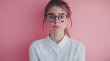 Young woman with glasses expressing concern against a pink background, captured indoors during the day photo