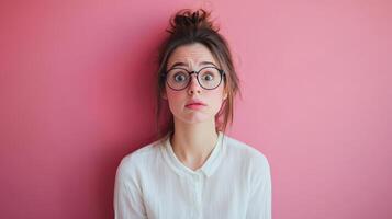 Young woman with glasses making a surprised expression against a pink background photo