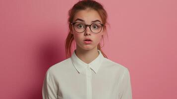 A surprised young woman with glasses against a pink backdrop during a casual indoor setting photo