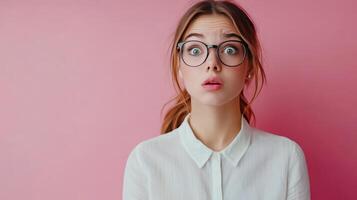 Young woman with glasses expressing surprise against a pink background in a bright indoor setting photo