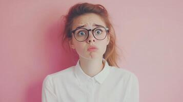 Young woman with glasses making a puzzled expression against a pink background photo