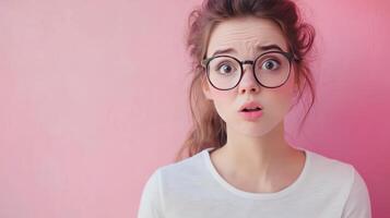 Young woman with glasses displaying a surprised expression against a pink background photo