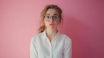 Young woman with glasses making a funny expression against a pink wall during daytime photo