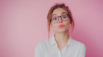Young woman with glasses making a playful expression against a pink background photo