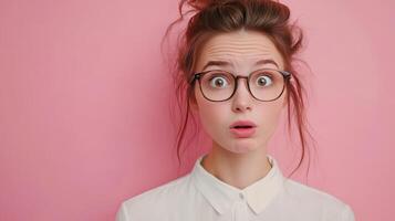 Surprised young woman with glasses poses against a pink background photo