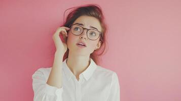 Young woman wearing glasses looks thoughtful against a pink background in a casual setting photo