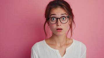 Young woman expresses surprise in front of a pink background while wearing glasses and a white top photo