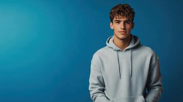 Young man wearing a gray hoodie stands against a blue background, looking confidently at the camera in a studio setting photo