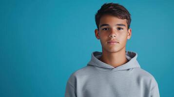 Young male wearing a gray hoodie poses against a solid blue background, showing a calm expression during a portrait session photo