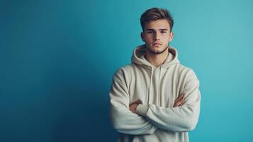 Young man in a light hoodie poses confidently against a blue background indoors photo
