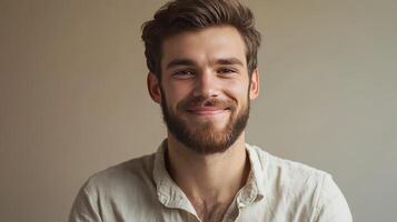 Young man with a beard smiling against a neutral background in a casual setting photo