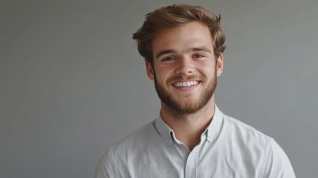 Young man with a beard smiles warmly in a casual shirt against a neutral background, captured in a studio setting photo