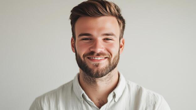 Young man with a beard smiles warmly against a plain background in a well-lit indoor setting photo