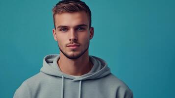 Young man with light brown hair wearing a gray hoodie against a teal background, displaying a confident expression in an indoor setting photo