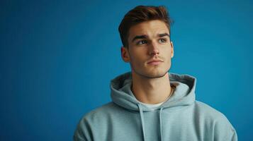 Young man in a light hoodie with a serious expression against a blue background indoors photo