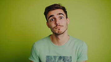 Young man with a playful expression standing against a bright green wall, showcasing a casual style in soft natural light photo