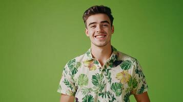 Young man smiling in a tropical shirt against a vibrant green background photo